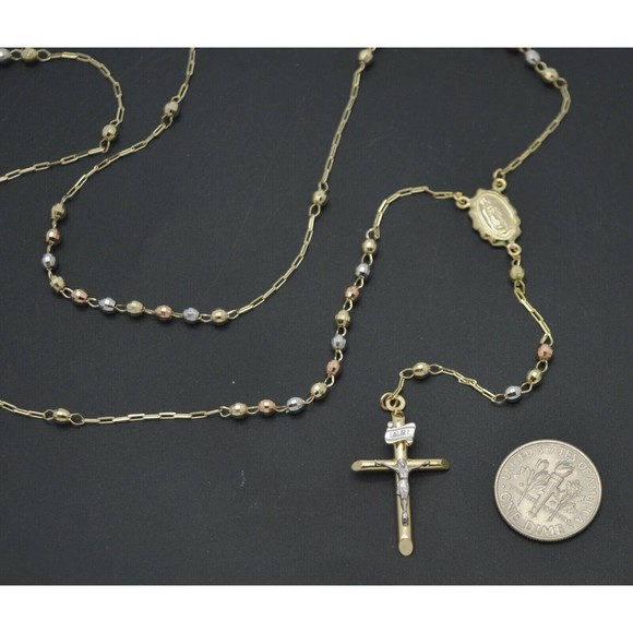 10k Solid Yellow Gold Colored Beads Rosary Virgin Mary Jesus Cross Necklace 18" - Picture 3 of 5